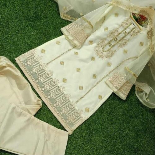 FABS FASHION- 3PCS ORGANZA FABRIC FULL EMBROIDERED (WHITE)